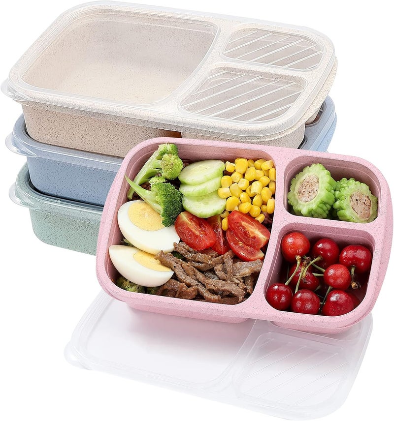 buluker 4 Pack Bento Lunch Box Set 3 Compartment Food Storage Containers Wheat Straw Meal Prep Lunch Box Plastic Food Storage Containers, Microwave and Dishwasher Safe (light colour) - Image 1